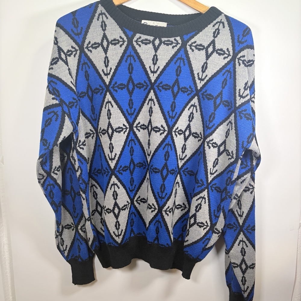 Vintage 90s Repage L Argyle Black/Blue Diamond Pullover Sweater Eclectic Grandpa